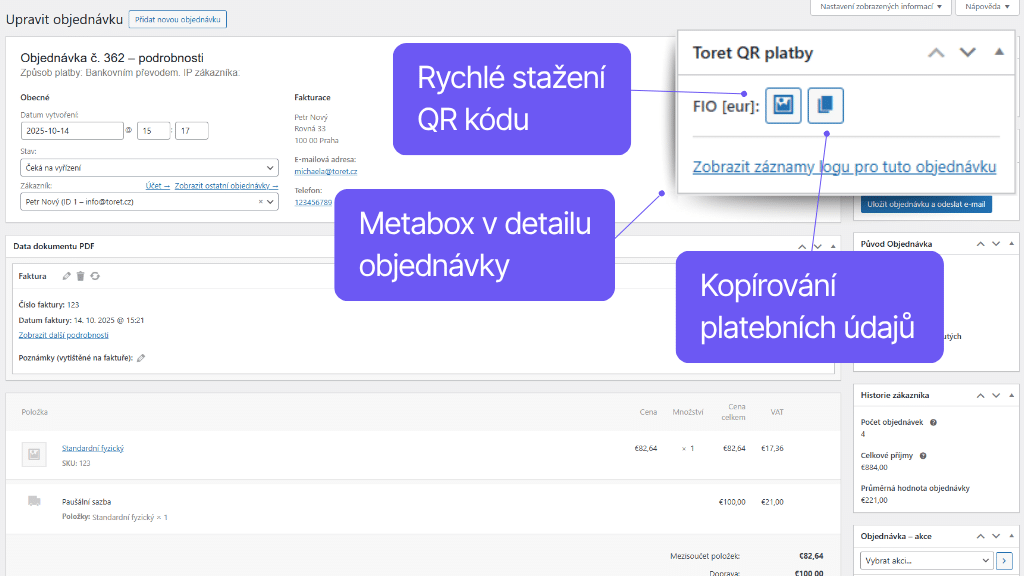 WooCommerce plugin QR kódy - funkcie v detaile objednávky