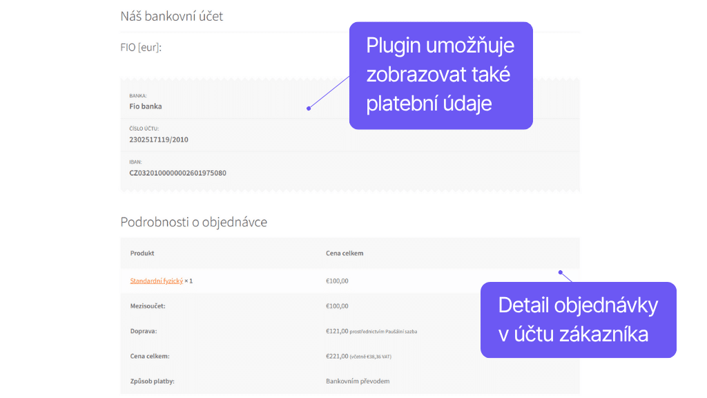 WooCommerce plugin QR kódy - zobrazenie platobných údajov v účte zákazníka