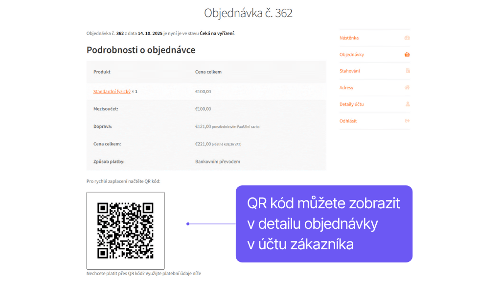 WooCommerce plugin QR kódy - zobrazenie v účte zákazníka
