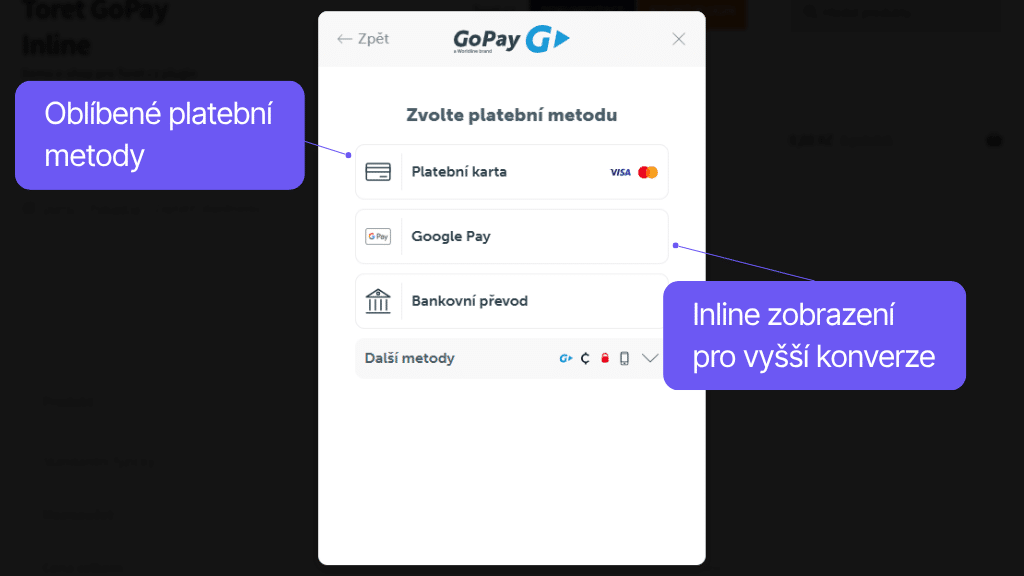 Plugin GoPay pre WooCommerce - výber metódy v bráne