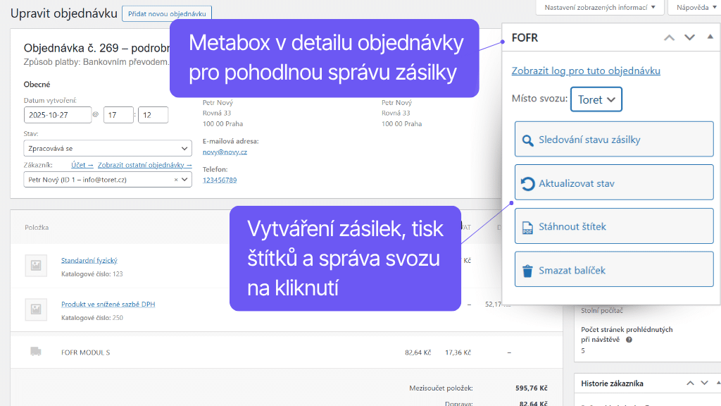 Plugin Toret FOFR pre WooCommerce - detail objednávky