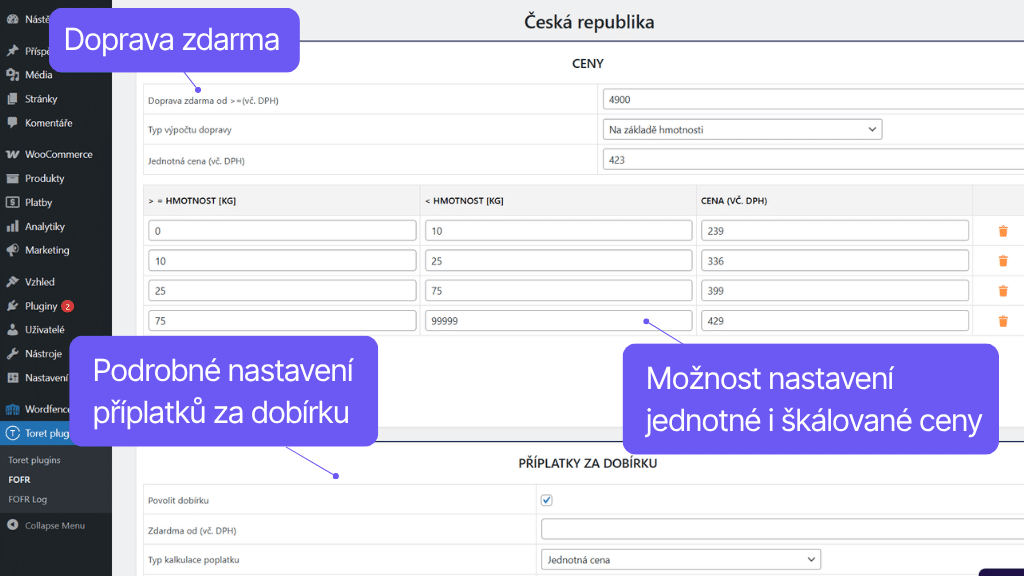 Plugin Toret FOFR pre WooCommerce - nastavenie ceny dopravy