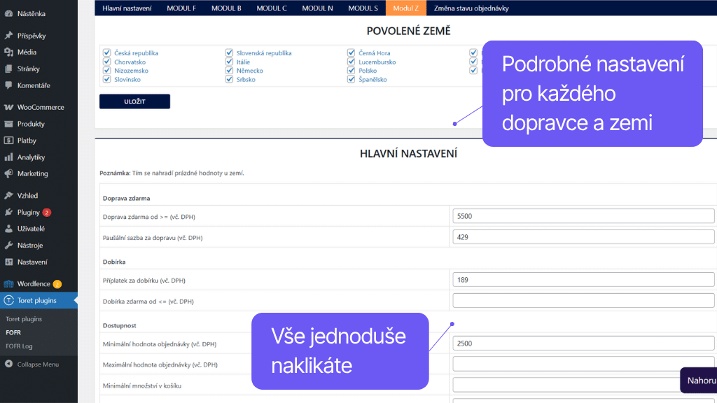 Plugin Toret FOFR pre WooCommerce - nastavenie dopravy