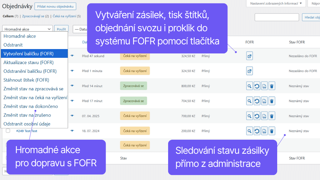 Plugin Toret FOFR pre WooCommerce - prehľad objednávok