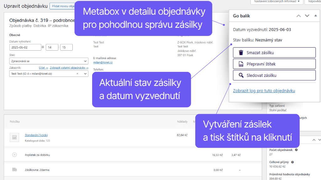 Plugin Toret GO balík pre WooCommerce - detail objednávky