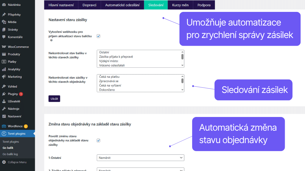 Plugin Toret GO balík pre WooCommerce - nastavenie automatizácie