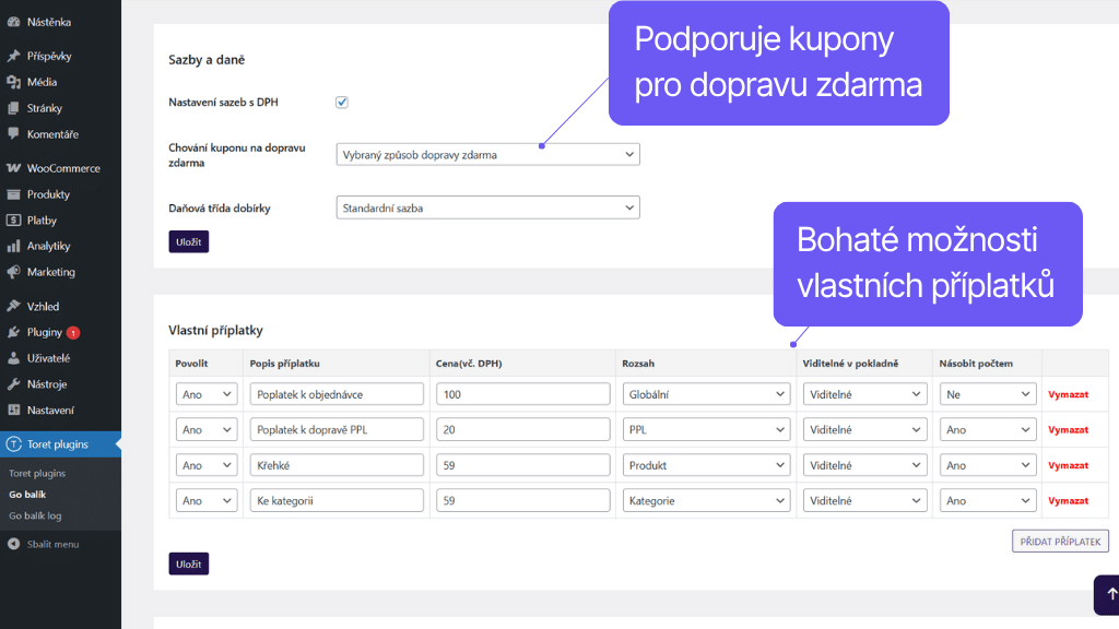 Plugin Toret GO balík pre WooCommerce - nastavenie príplatkov