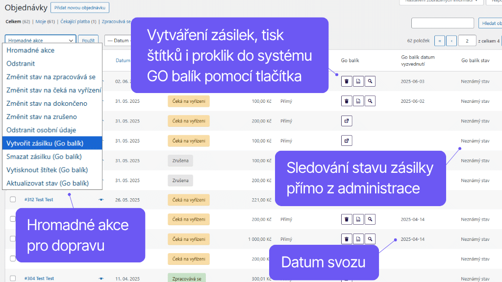 Plugin Toret GO balík pre WooCommerce - prehľad objednávok