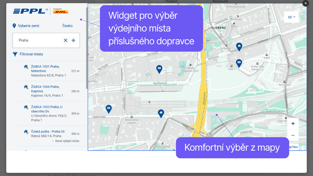 Plugin Toret GO balík pre WooCommerce - widget s mapou