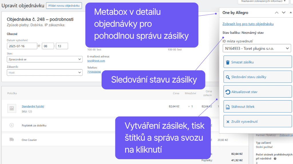 Plugin Toret One by Allegro pre WooCommerce - detail objednávky