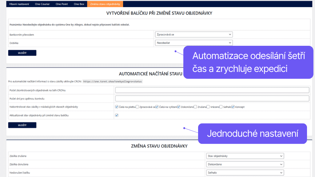 Plugin Toret One by Allegro pre WooCommerce - nastavenie automatizácií