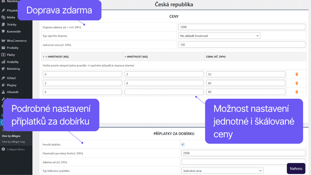 Plugin Toret One by Allegro pre WooCommerce - nastavenie ceny dopravy a dobierky