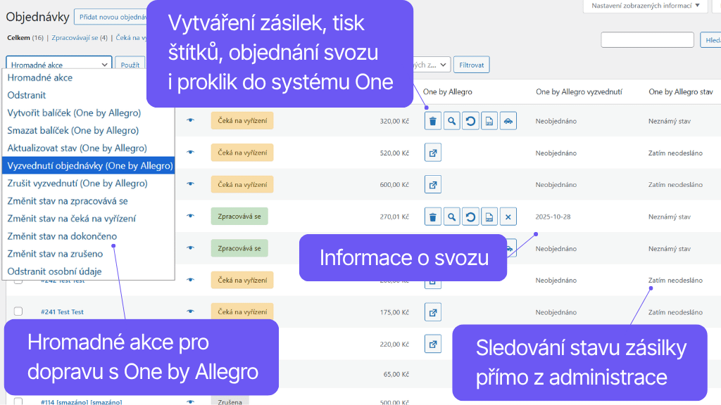 Plugin Toret One by Allegro pre WooCommerce - prehľad objednávok