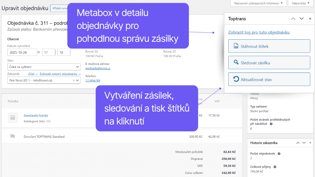 Plugin Toret TOPTRANS pre WooCommerce - detail objednávky