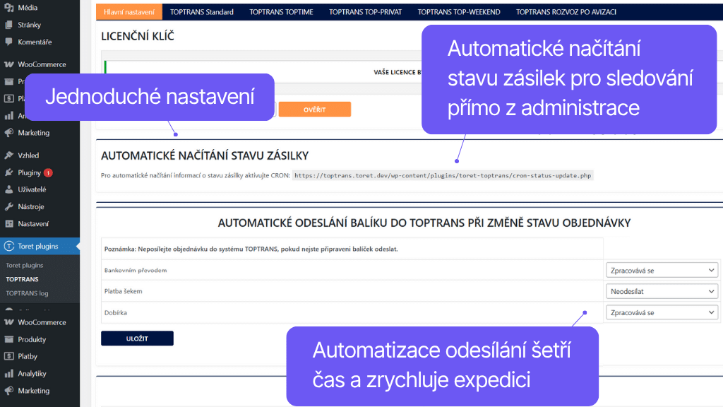 Plugin Toret TOPTRANS pre WooCommerce - nastavenie automatizácie
