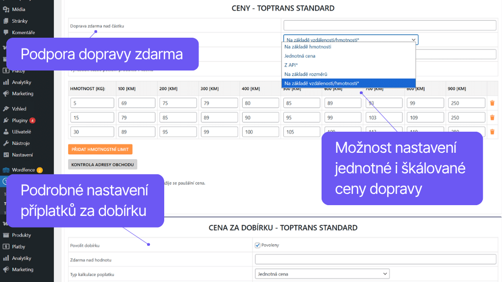 Plugin Toret TOPTRANS pre WooCommerce - nastavenie ceny a dobierky