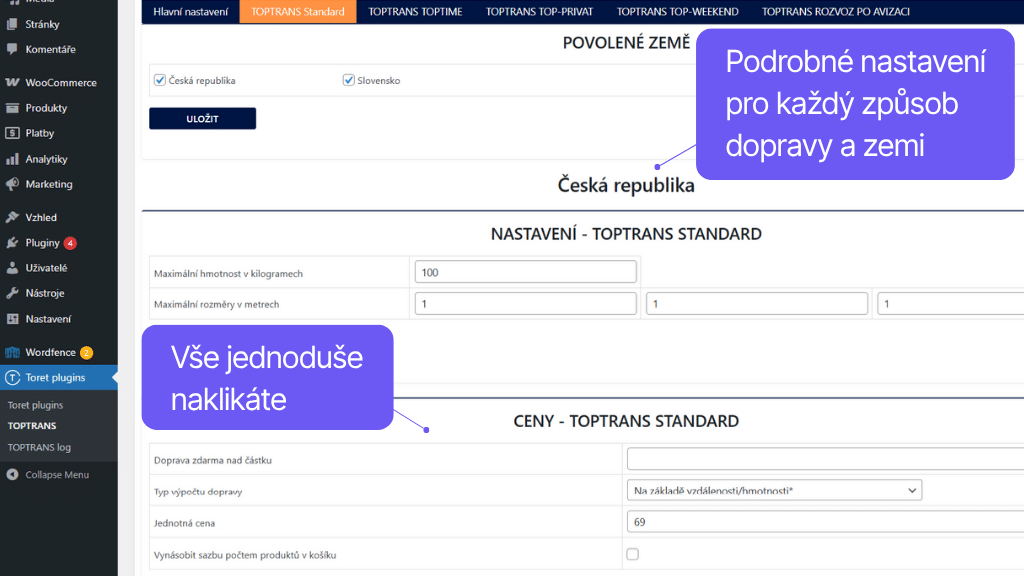 Plugin Toret TOPTRANS pre WooCommerce - nastavenie dopravy