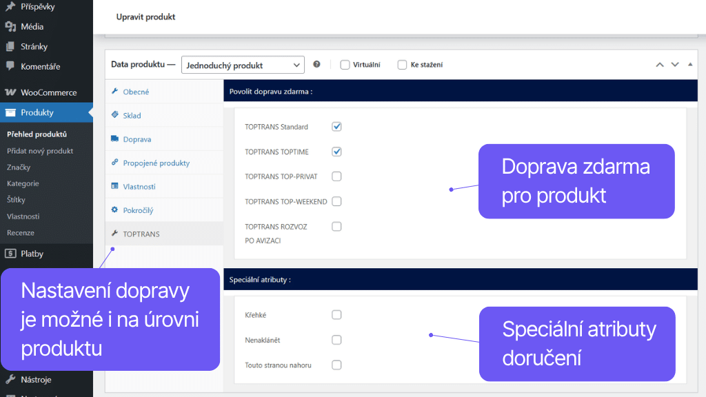 Plugin Toret TOPTRANS pre WooCommerce - nastavenie pre produkt