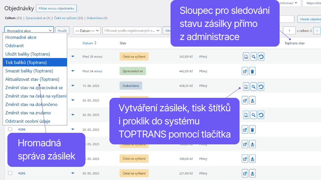 Plugin Toret TOPTRANS pre WooCommerce - prehľad objednávok