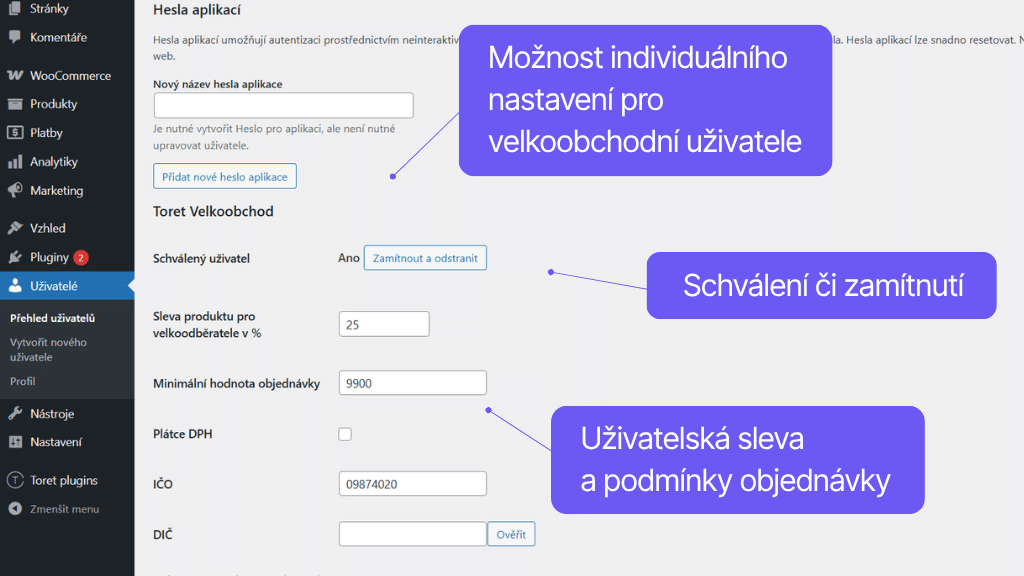 Plugin Toret Veľkoobchod pre WooCommerce - nastavenie pre veľkoobchodných používateľov