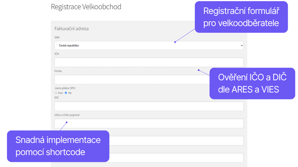 Plugin Toret Veľkoobchod pre WooCommerce - registračný formulár