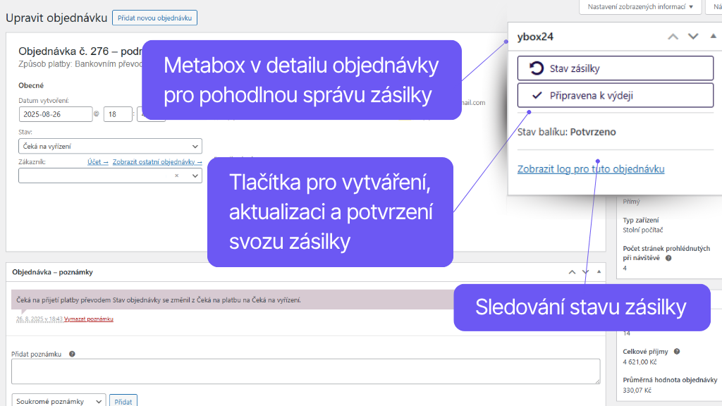 Plugin Toret ybox24 pre WooCommerce - detail objednávky