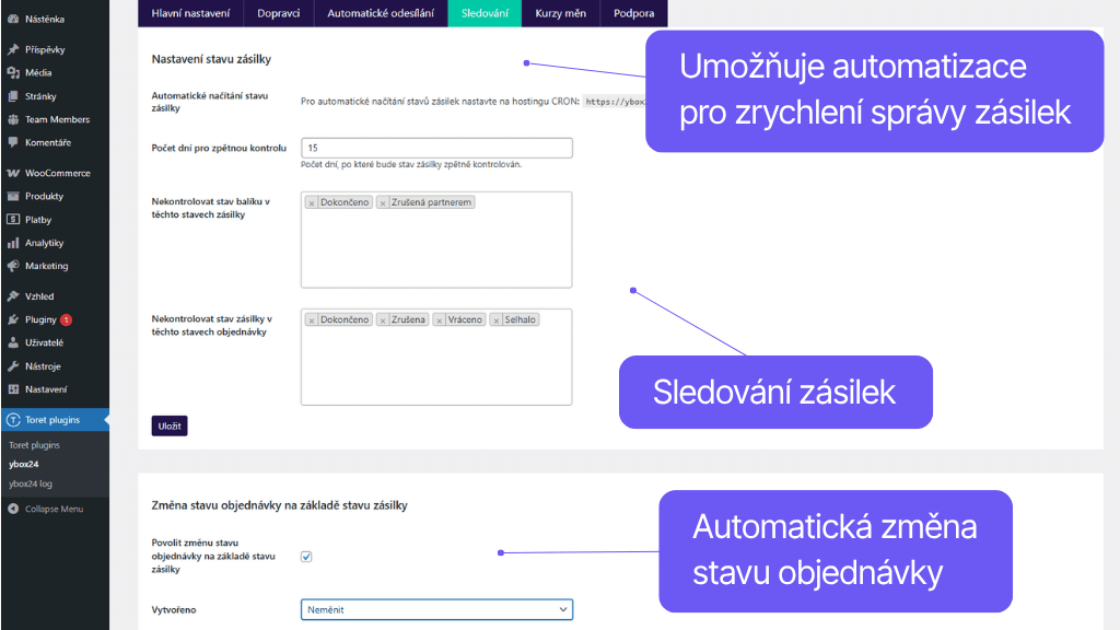 Plugin Toret ybox24 pre WooCommerce - nastavenie automatizácií