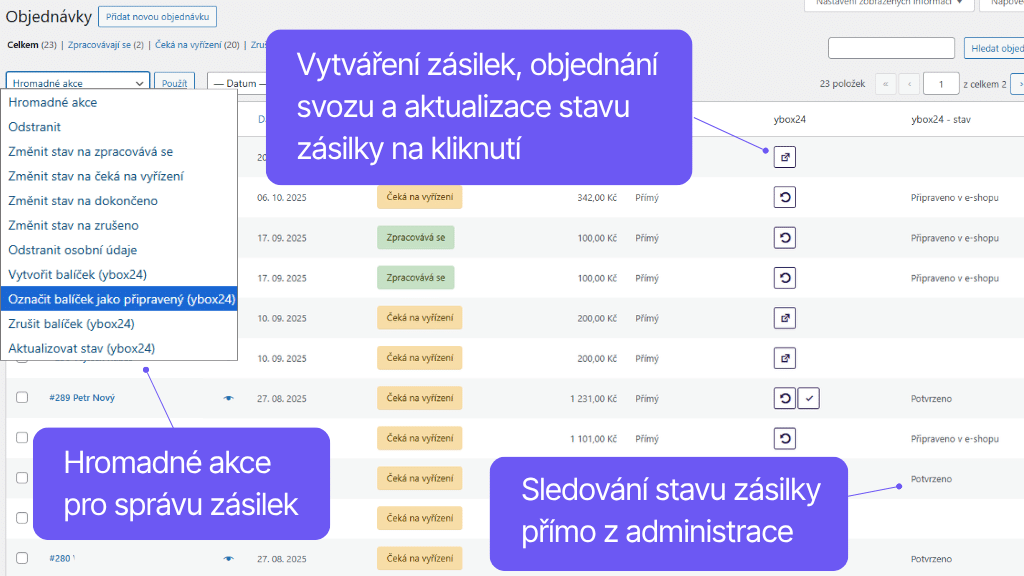 Plugin Toret ybox24 pre WooCommerce - prehľad objednávok