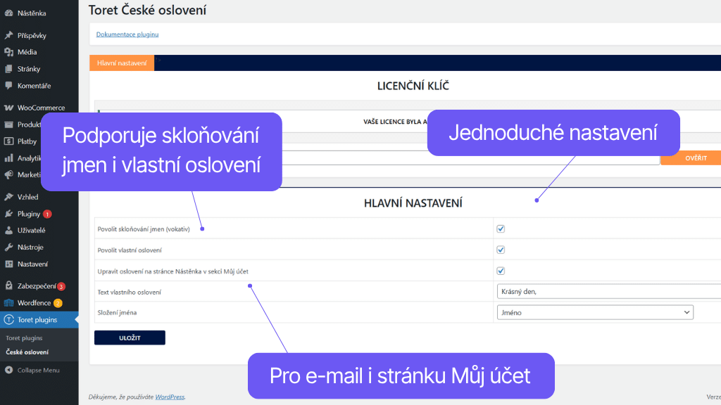 Toret České oslovenie - nastavenie