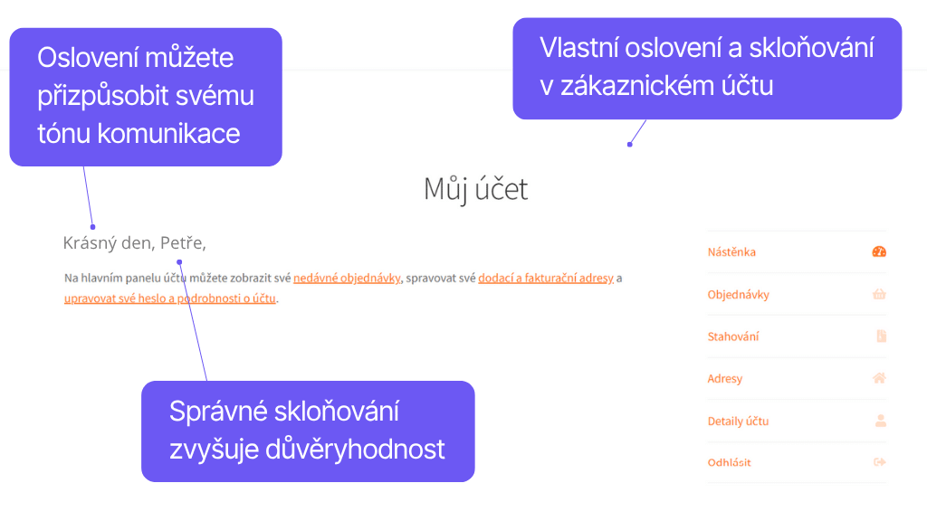 Toret České oslovenie - zobrazenie v zákazníckom účte