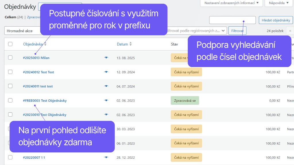 Toret Order Numbers - prehľad objednávok