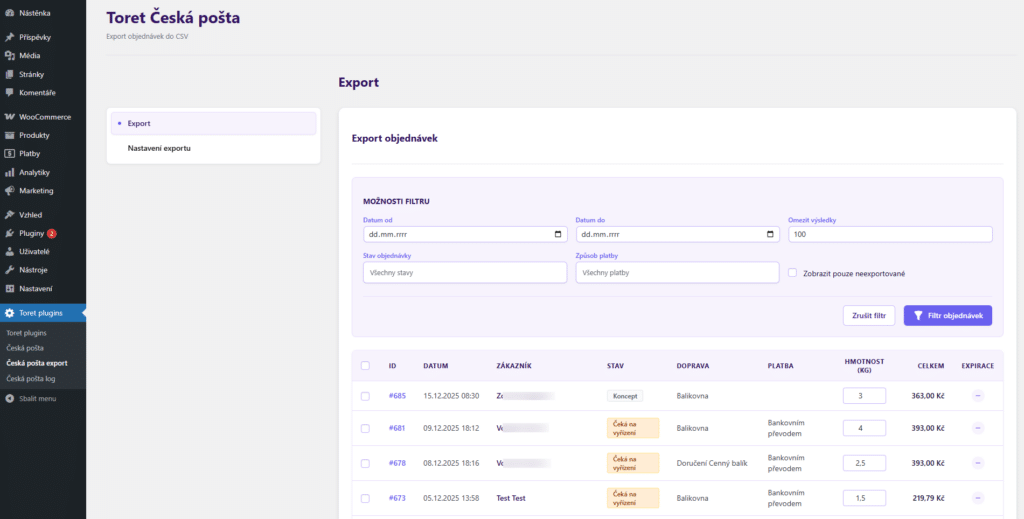 Plugin Toret Česká pošta pre WooCommerce - CSV export