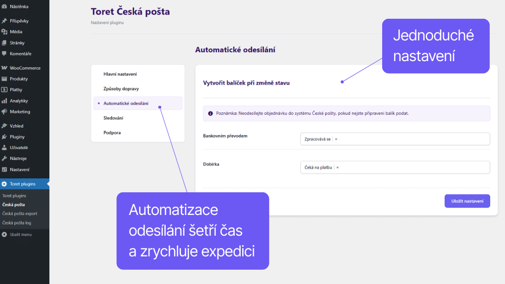 Plugin Toret Česká pošta pre WooCommerce - nastavenie automatizácie