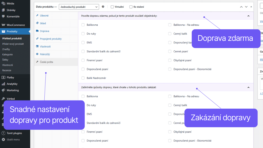 Plugin Toret Česká pošta pre WooCommerce - nastavenie dopravy pre produkt