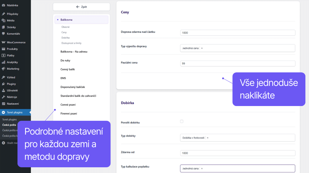 Plugin Toret Česká pošta pre WooCommerce - nastavenie metód dopravy