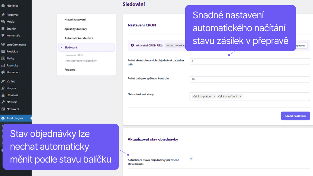 Plugin Toret Česká pošta pre WooCommerce - nastavenie sledovania