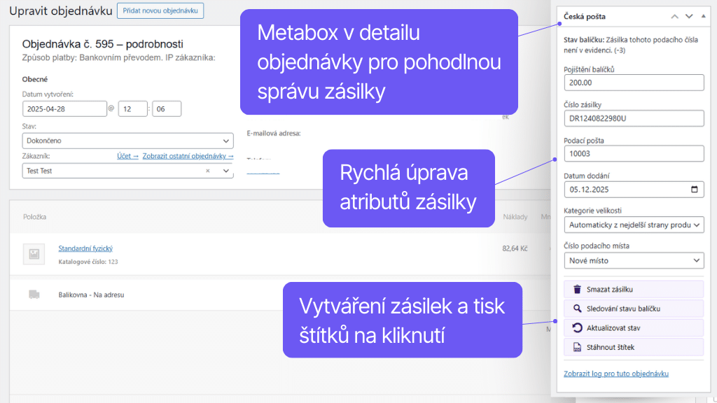 Plugin Toret Česká pošta pre WooCommerce - správa objednávok - detail
