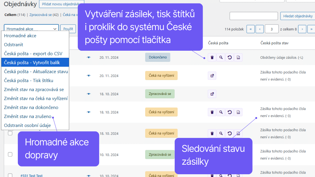 Plugin Toret Česká pošta pre WooCommerce - správa objednávok