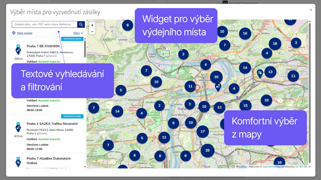 Plugin Toret Česká pošta pre WooCommerce - widget s mapou