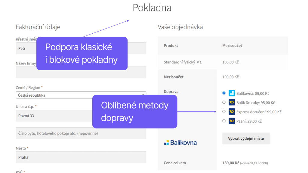 Plugin Toret Česká pošta pre WooCommerce - zobrazenie v pokladni