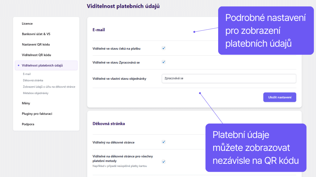 WooCommerce plugin QR kódy - nastavenie zobrazenia platobných údajov