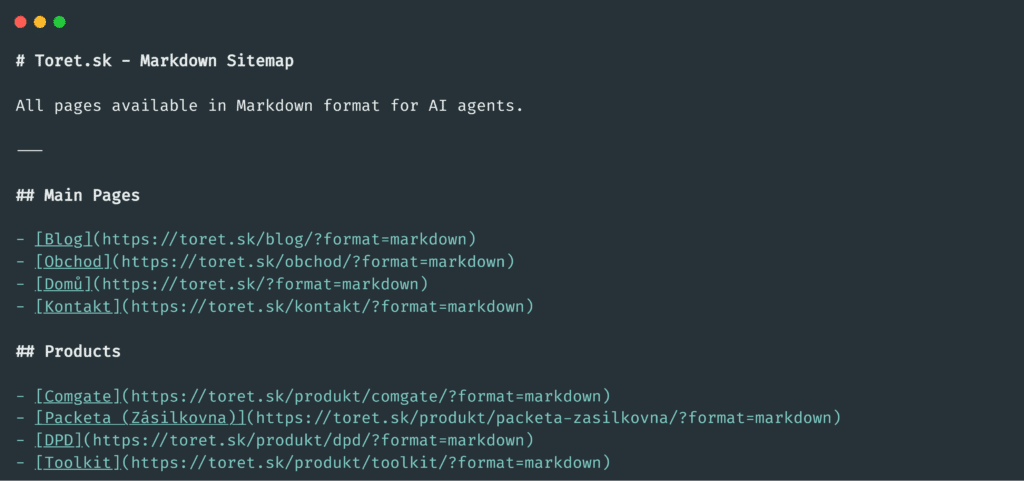 Ukážka funkcií pluginu Toret AI Markdown – sitemap