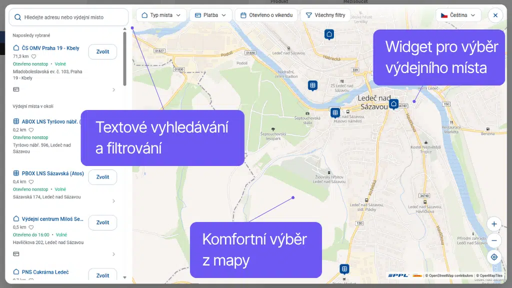 Plugin Toret PPL pre WooCommerce - widget s mapou pre výber pobočiek