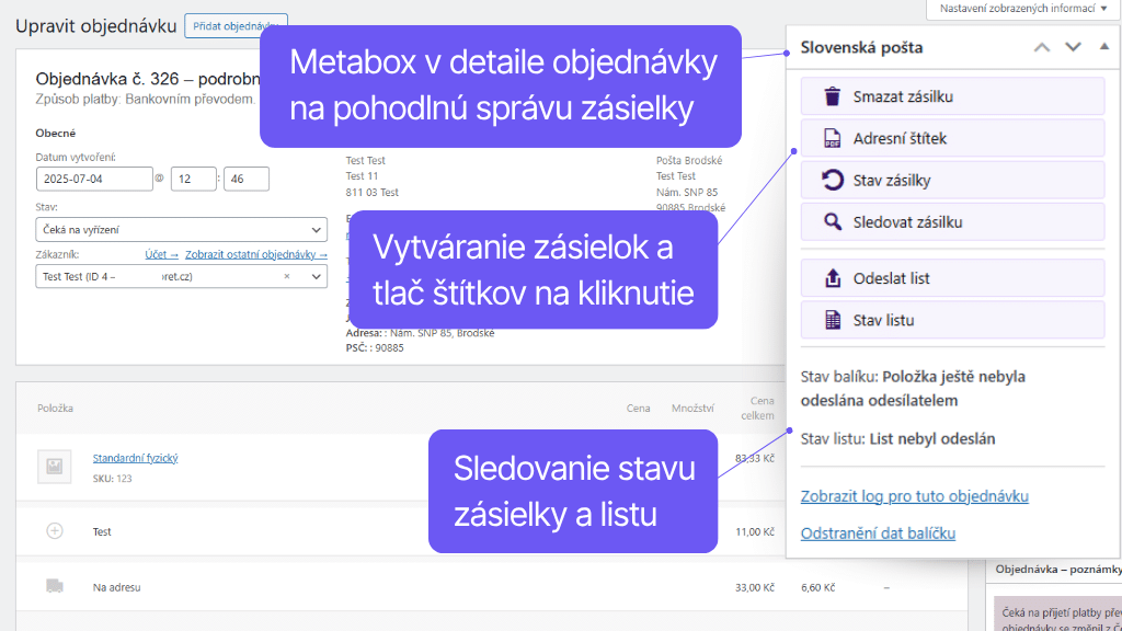 Plugin Toret Slovenská pošta - detail objednávok