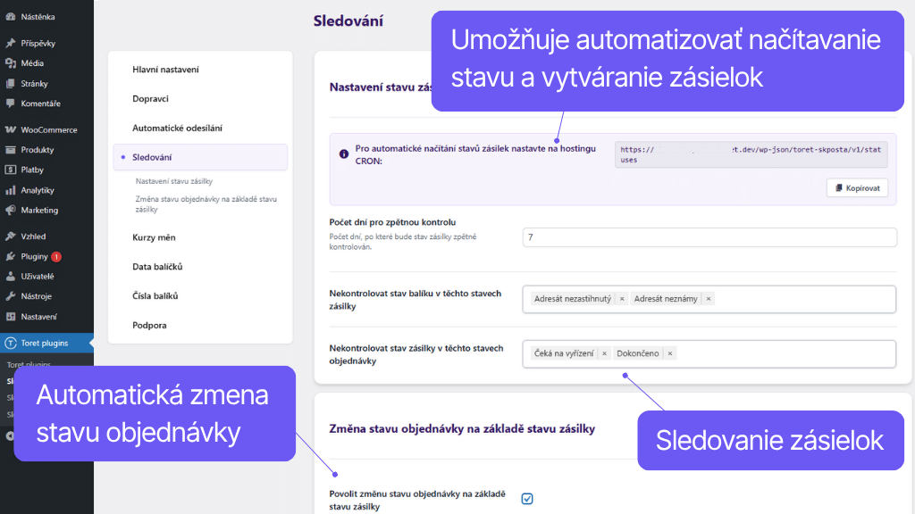 Plugin Toret Slovenská pošta - nastavenie automatizácie