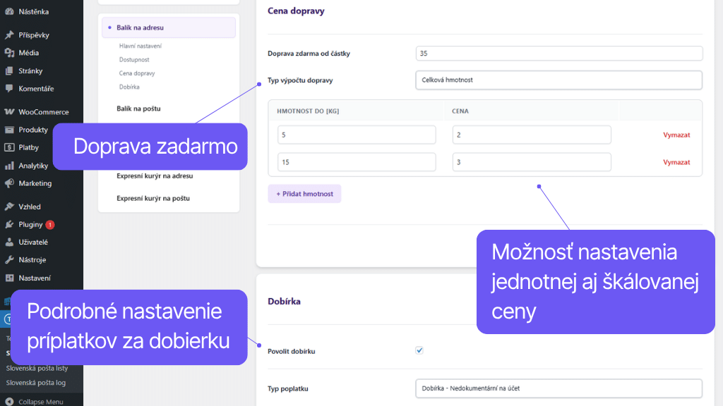 Plugin Toret Slovenská pošta - nastavenie ceny