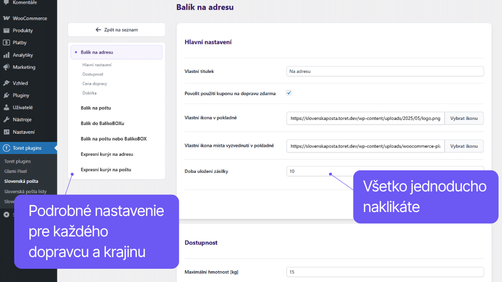 Plugin Toret Slovenská pošta - nastavenie