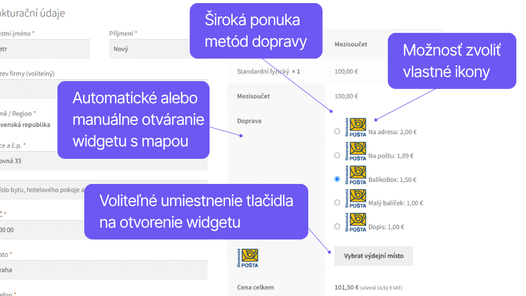 Plugin Toret Slovenská pošta - zobrazenie v pokladni