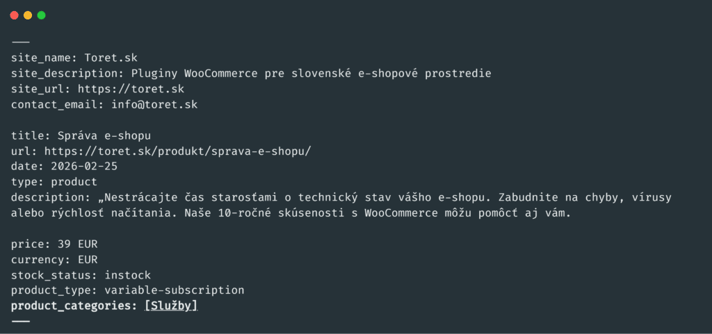 Ukážka funkcií pluginu Toret AI Markdown – markdown verzia produktovej stránky.