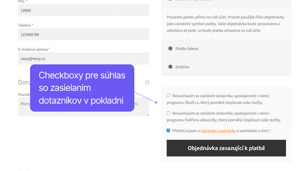Toret plugin Porovnávače tovaru pre WooCommerce - checkbox v pokladni pre súhlas so zasielaním dotazníkov spokojnosti